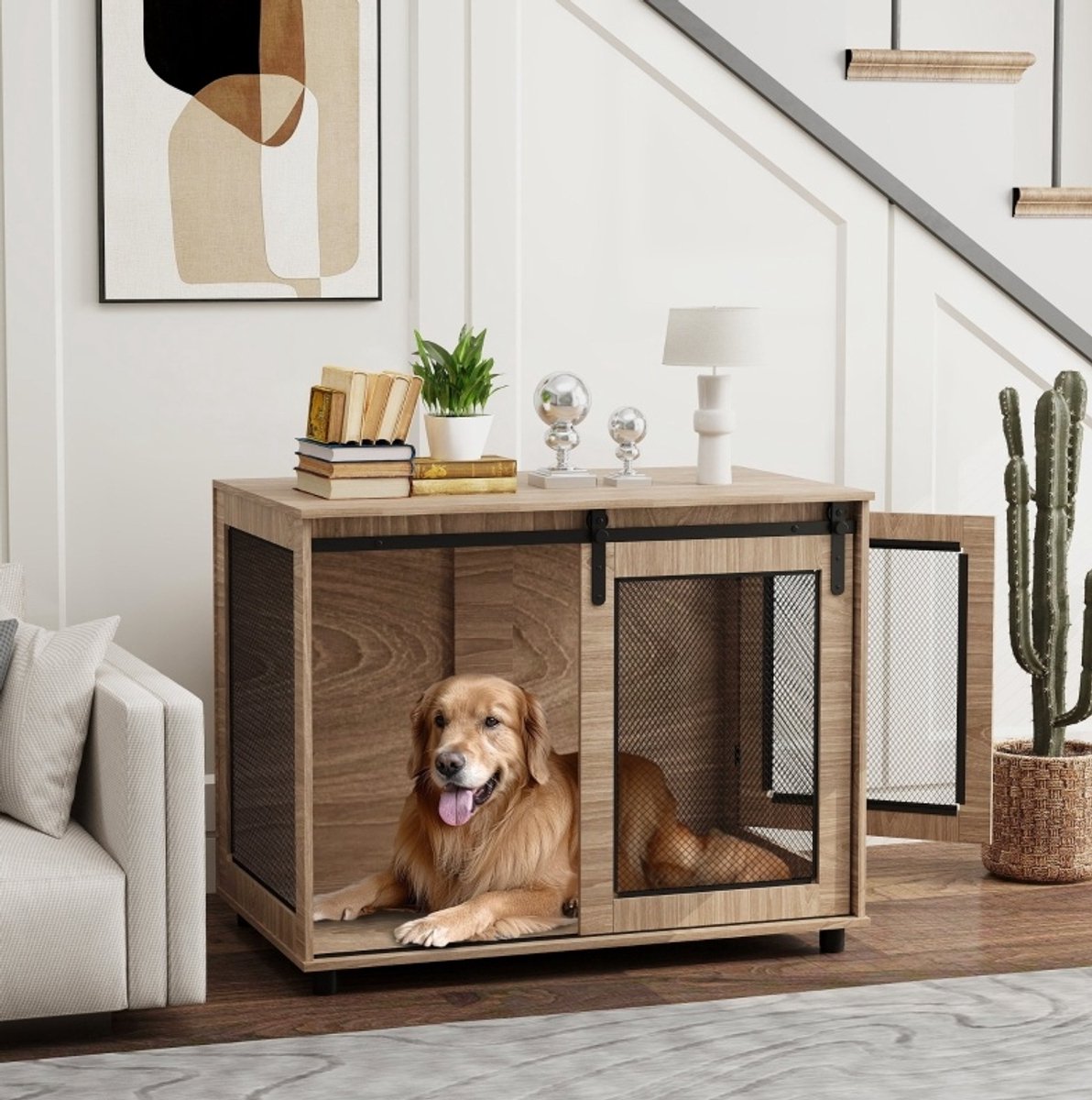 REDOM - Hondenbench - Met schuifdeur en ventilatie aan drie zijden - Voor en zij-ingang - Hout - Walnoot - 98 x 60 x 78 cm