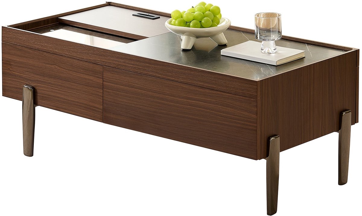 Merax Salontafel met Schubladen - Glasplaat en Opbergruimte – Donkerbruin – 105 x 50 x 41,5 cm