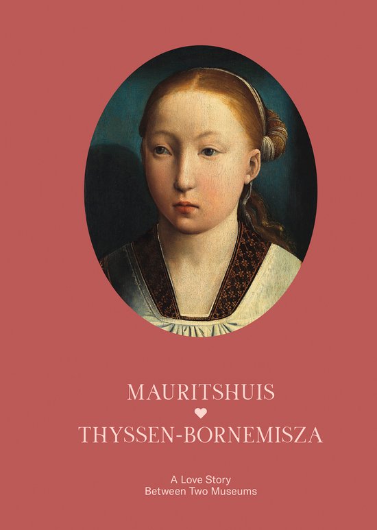 Portret van een jong meisje in ovaal kader op roze achtergrond, met de titel Mauritshuis en Thyssen-Bornemisza.