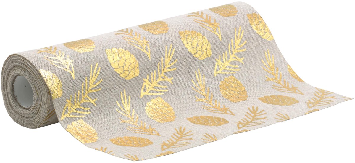 Famanu – Tafelloper voor Kerst, linnen look in naturel met gouden dennenappels, perfect voor feestelijke tafeldecoratie
