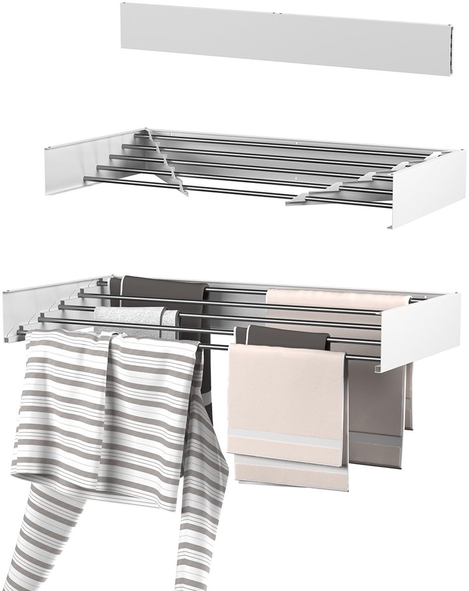 Famanu – Inklapbaar Droogrek van Aluminium, Vernieuwde Wanddroogrek, 80x50x10 cm, 3 kg, Geschikt voor Binnen en Buiten Gebruik met Verbeterde Stangbevestigingen en Zijplaatjes