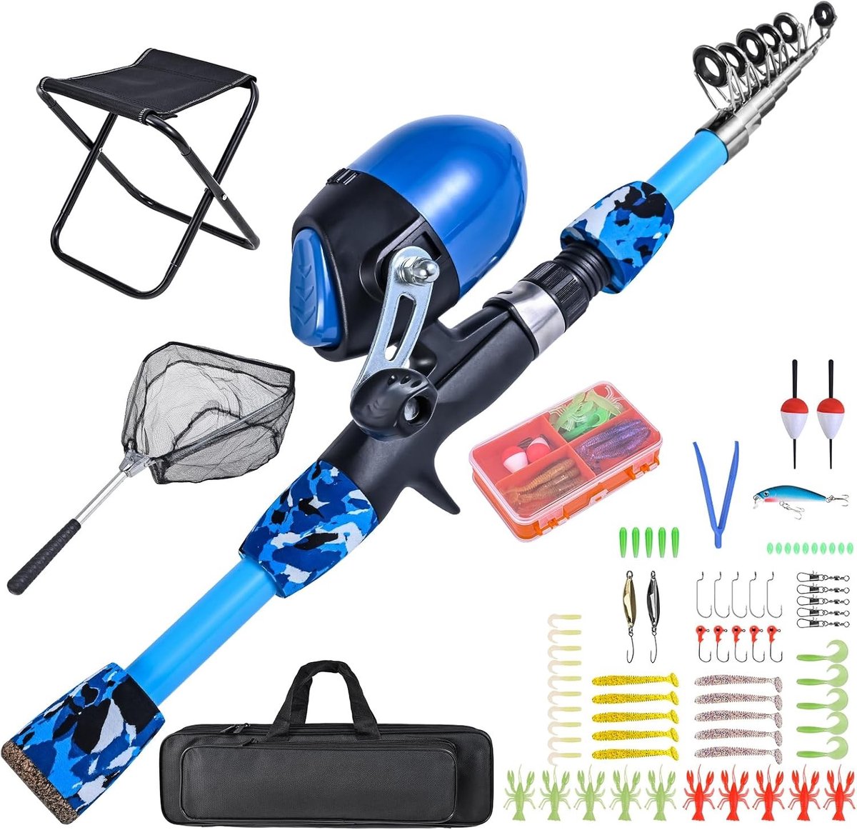Kindvriendelijke Visset met Opvouwbare Vistrap, Schepnet, Telescoop Hengel en Tackle Box voor Jongens en Meisjes