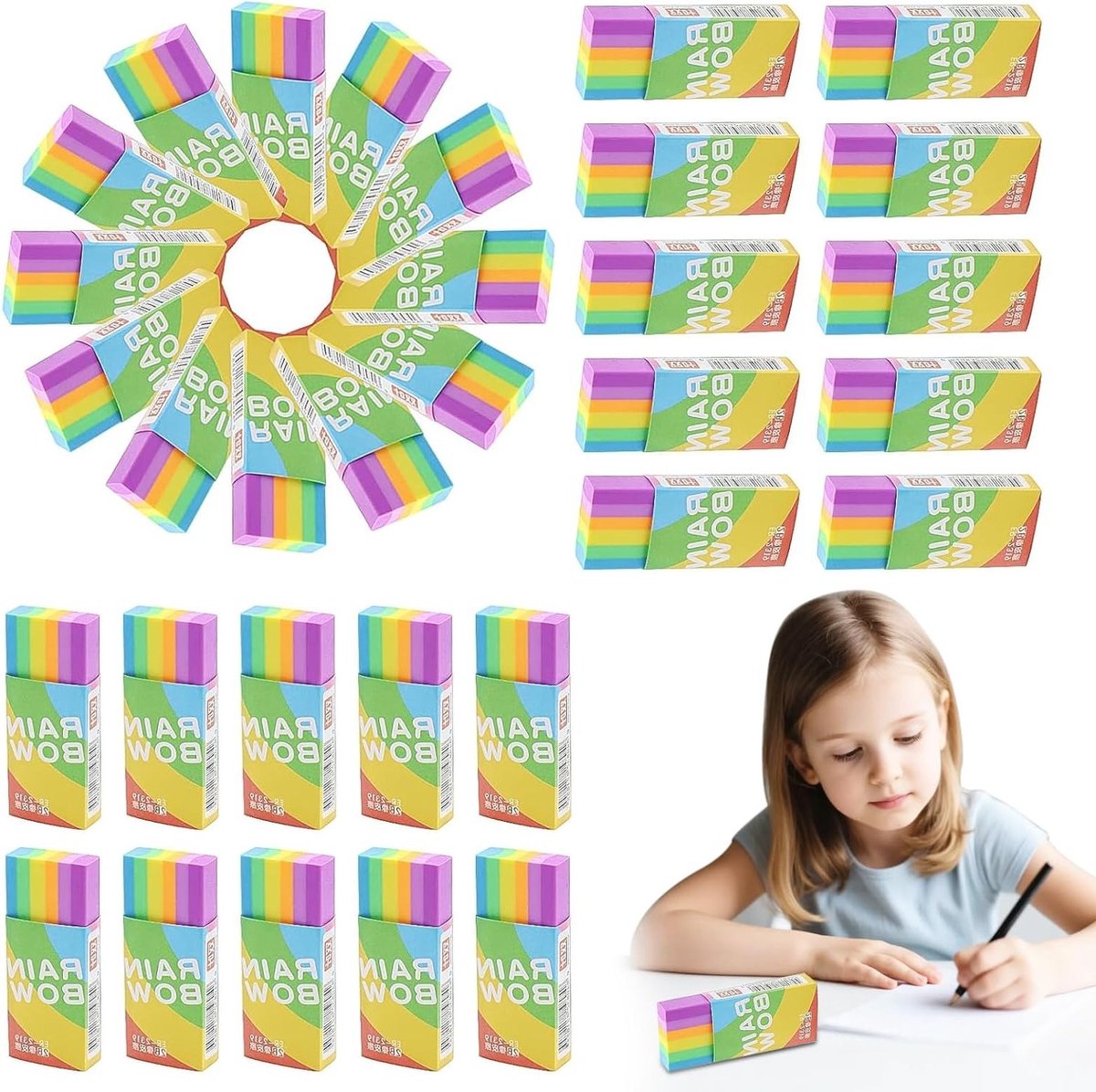 Set van 18 kleurrijke gum voor kinderen, zachte en hoogwaardige gum voor school, feestjes en schetsen