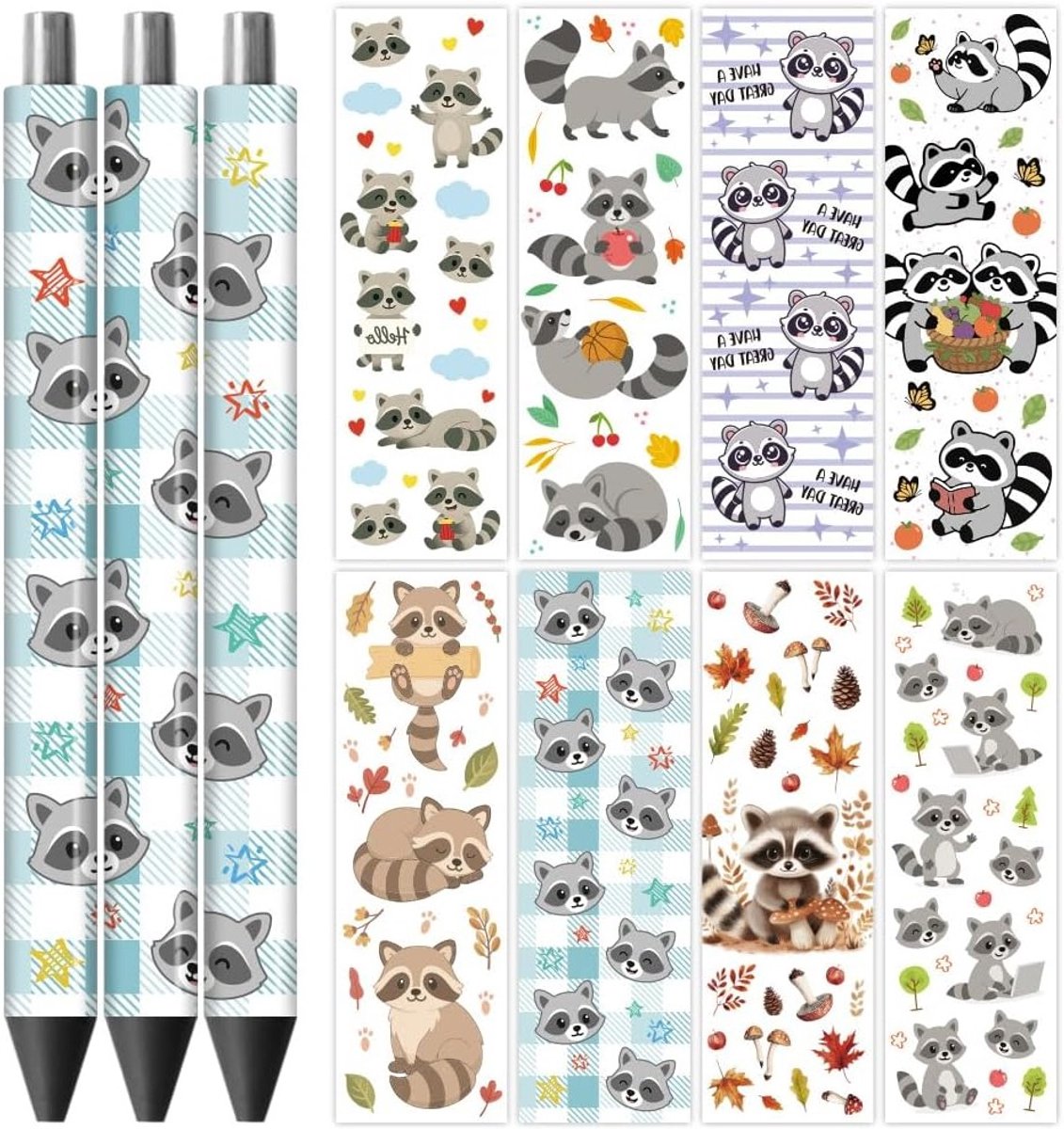 UV DTF Pen Wraps Transfer Stickers Raccoon - 48 Waterdichte HD Print Zelfklevende Decals voor Persoonlijke DIY Potlood en Pen Creaties, Perfect als Moederdag Cadeau