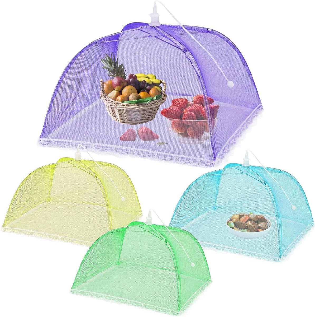 Herbruikbare Voedselbeschermers, 4 Stuks Pop-Up Mesh Tenten voor Buiten, Ideaal tegen Insecten en Vliegen, Perfect voor Barbecues en Picknicks