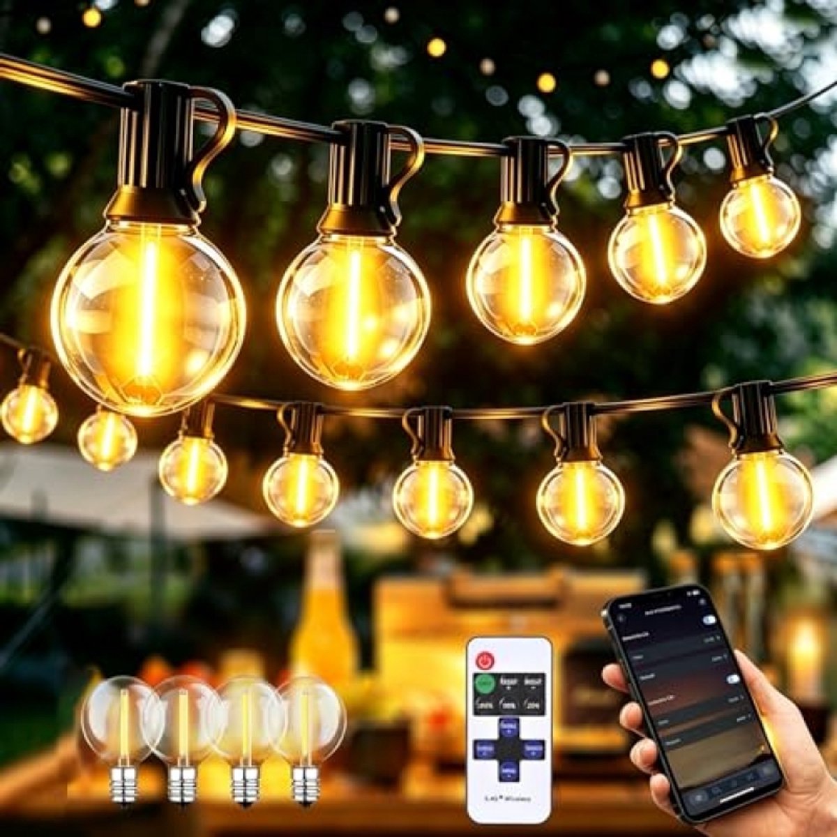 ModernStore LED-lichtslinger buiten 50m met app en afstandsbediening, IP44 waterdicht, warmwit, 2700K, 60 lampen, dimbaar, timer, voor tuin en terras