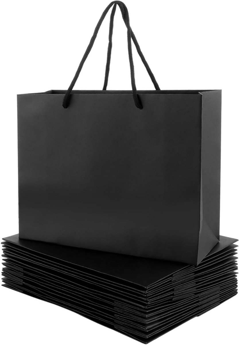 Set van 30 Zwarte Cadeautassen met Handvat, 27 x 10 x 21 cm, Herbruikbare Papieren Tassen voor Kerst, Bruiloften en Feesten