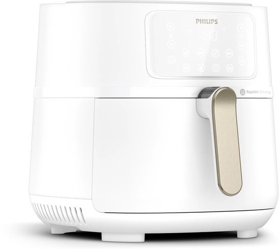Witte Philips Airfryer XXL met digitaal display en gouden handvat.