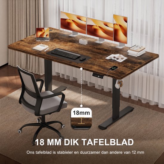 Elektrisch Zit-Sta Bureau 160x80 cm – 18 mm Dik Tafelblad – 3 Geheugenstanden – USB en Zit-alarm – Kabelmanagement – Zwart frame met donker houtlook blad