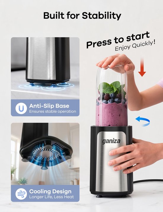 Blender 900W Smoothie Maker met 3 To-Go Bekers 500/700 ml - 23.000 RPM - RVS Messen - BPA-vrij van Blender — afbeelding 5