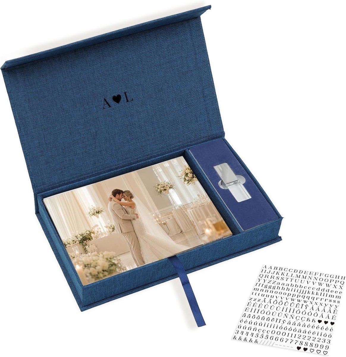 Linnen Foto-opbergdoos 25x14.5cm met USB Compartment, Ideaal voor Trouwen, Herinneringen en Decoraties, Perfect voor Fotografen en Babyshowers, Marineblauw