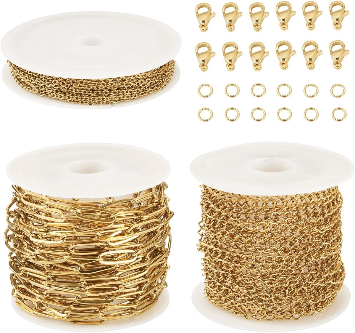 3 Reels van 4M Gouden RVS Paperclip Kettingen met Ovalen Schakel, Kralen en Sluitingen voor Sieraden Maken, Armbanden en Kettingen