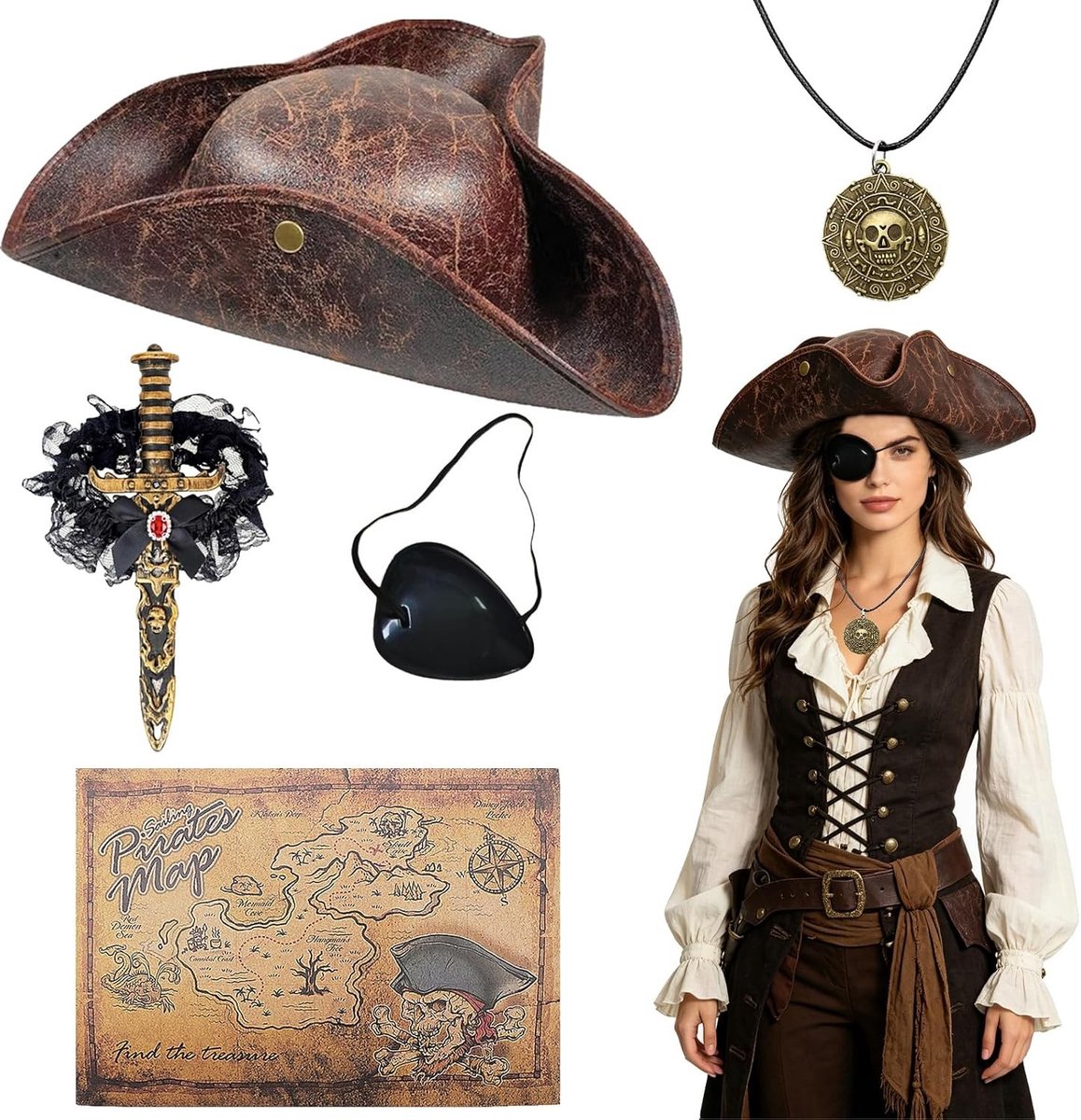 Piratenhoed Set van 5 Stuks met Zwaard, Oogklep en Halsketting voor Halloween Kostuum en Feestjes