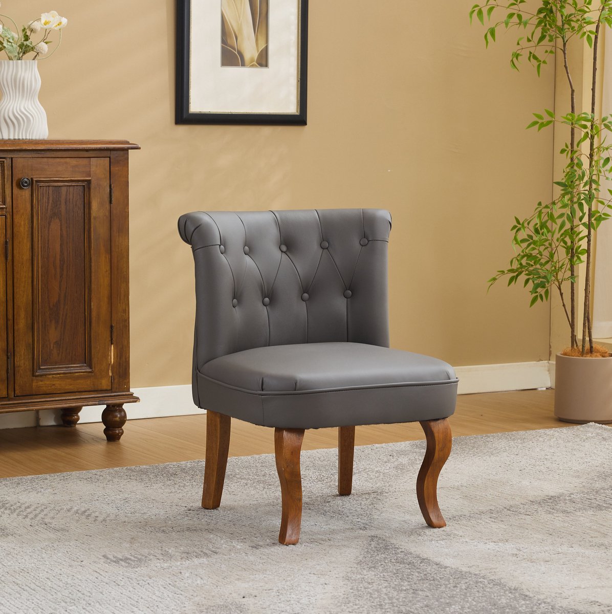 Wishdor Fauteuil - Grijs echt leer - Gecapitonneerde rugleuning - Houten poten - Klassiek - Woonkamer eetkamer kantoor - 60,5 x 56 x 72,5 cm