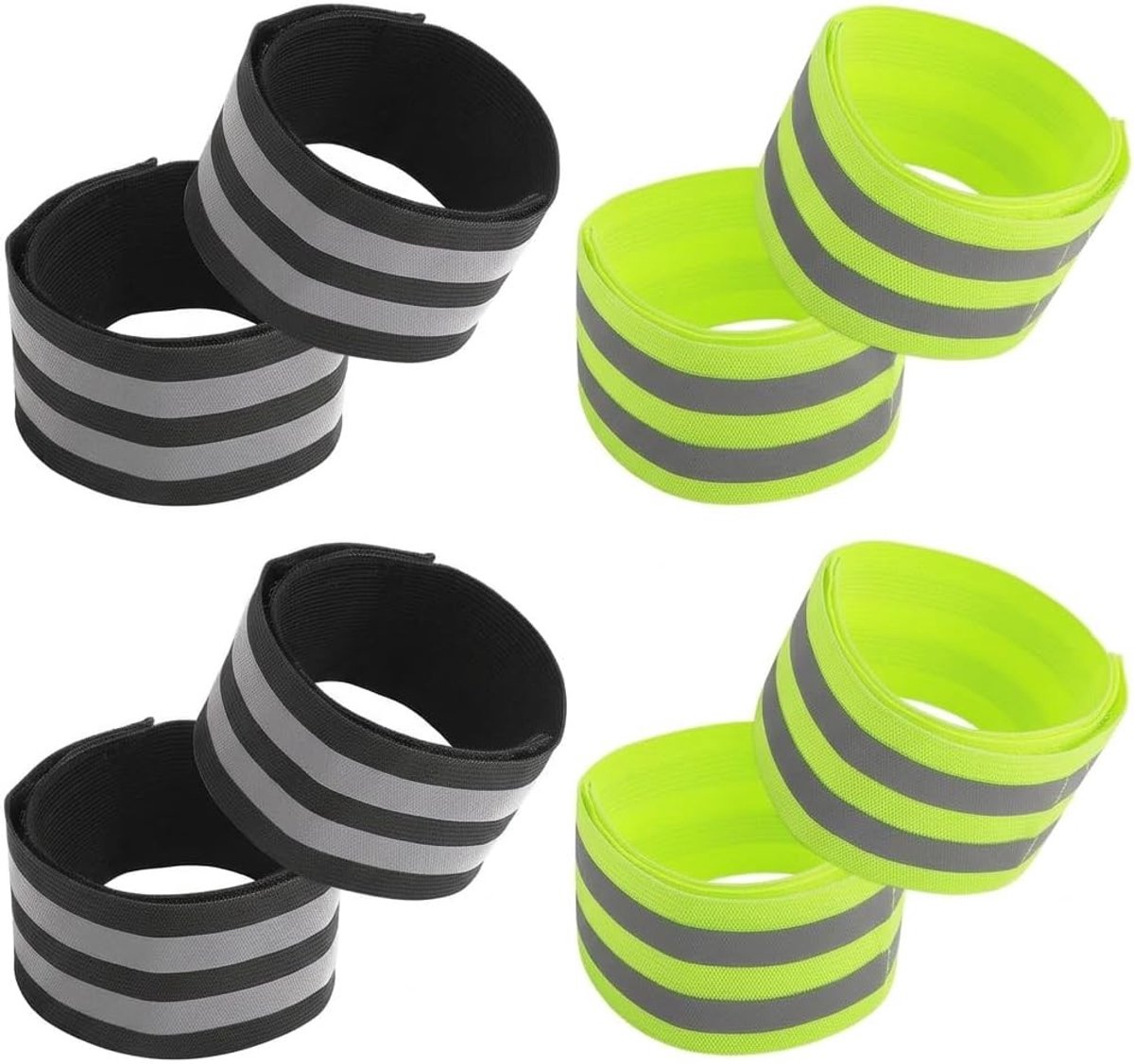 Reflecterende banden set van 8 - Neongroen en zwart, elastische broekklemmen voor fietsen en joggen, verstelbare veiligheidsaccessoires voor heren en dames