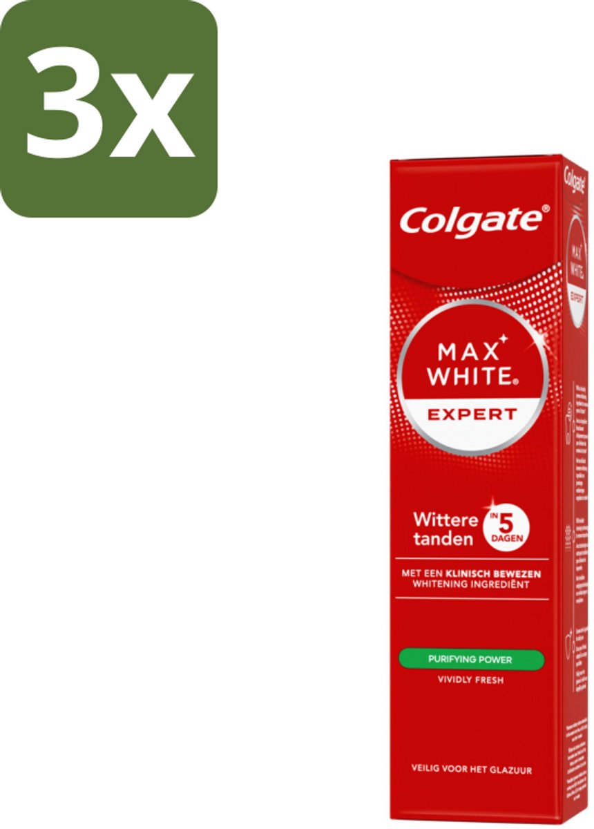 3 x Colgate – Max White Expert Purifying Power – Tandpasta – 75 ml - Witte Tanden - Tandpasta Whitening - Waterstofperoxide - Vlekken Verwijderen - Glimlach Verlichten