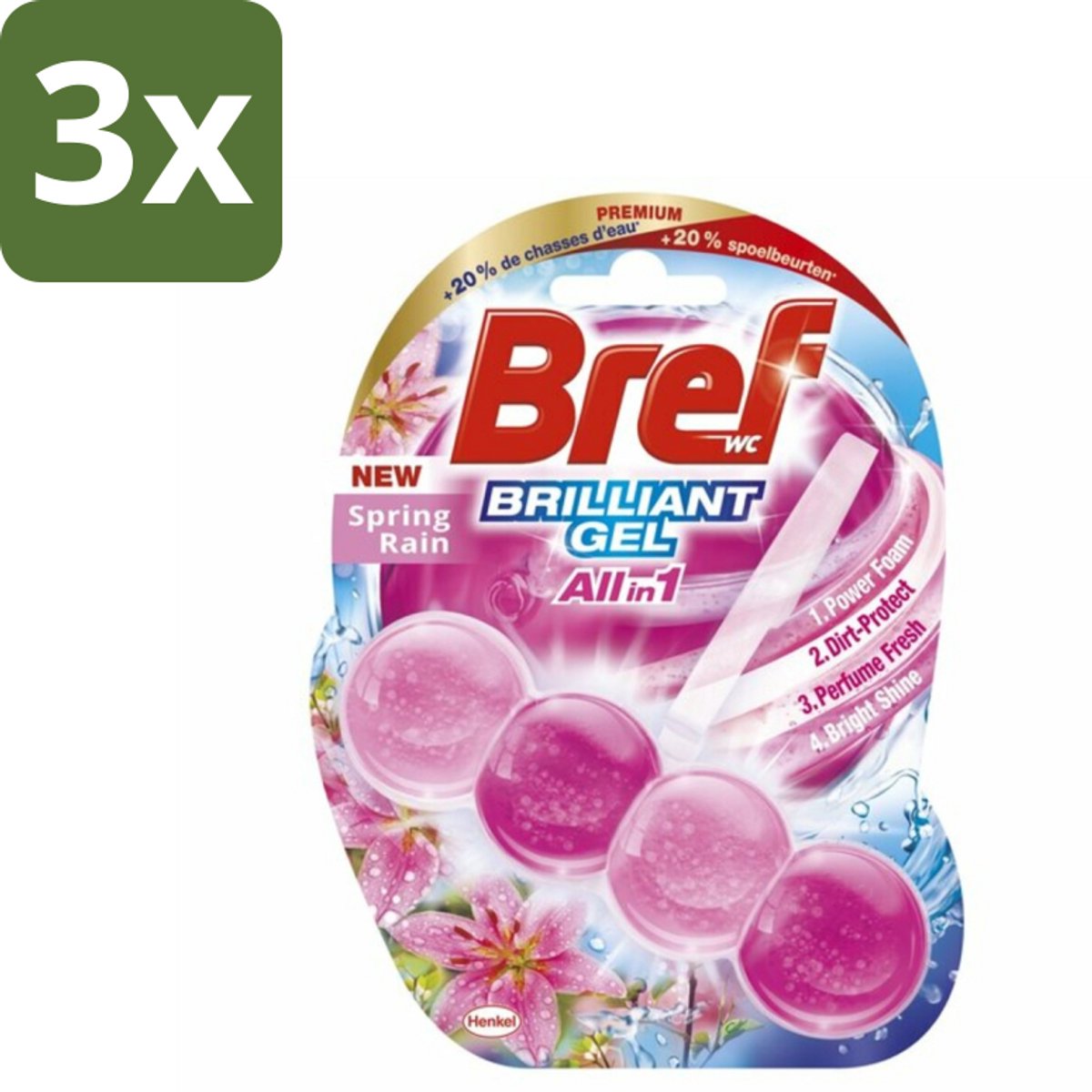 3 x Bref - Toiletblok - Brilliant Gel - Spring Rain - 42g - Toiletblok - Toilet Reinigen - Toilet Reinigingsgel - Toilet Glans - Toilet Frisheid