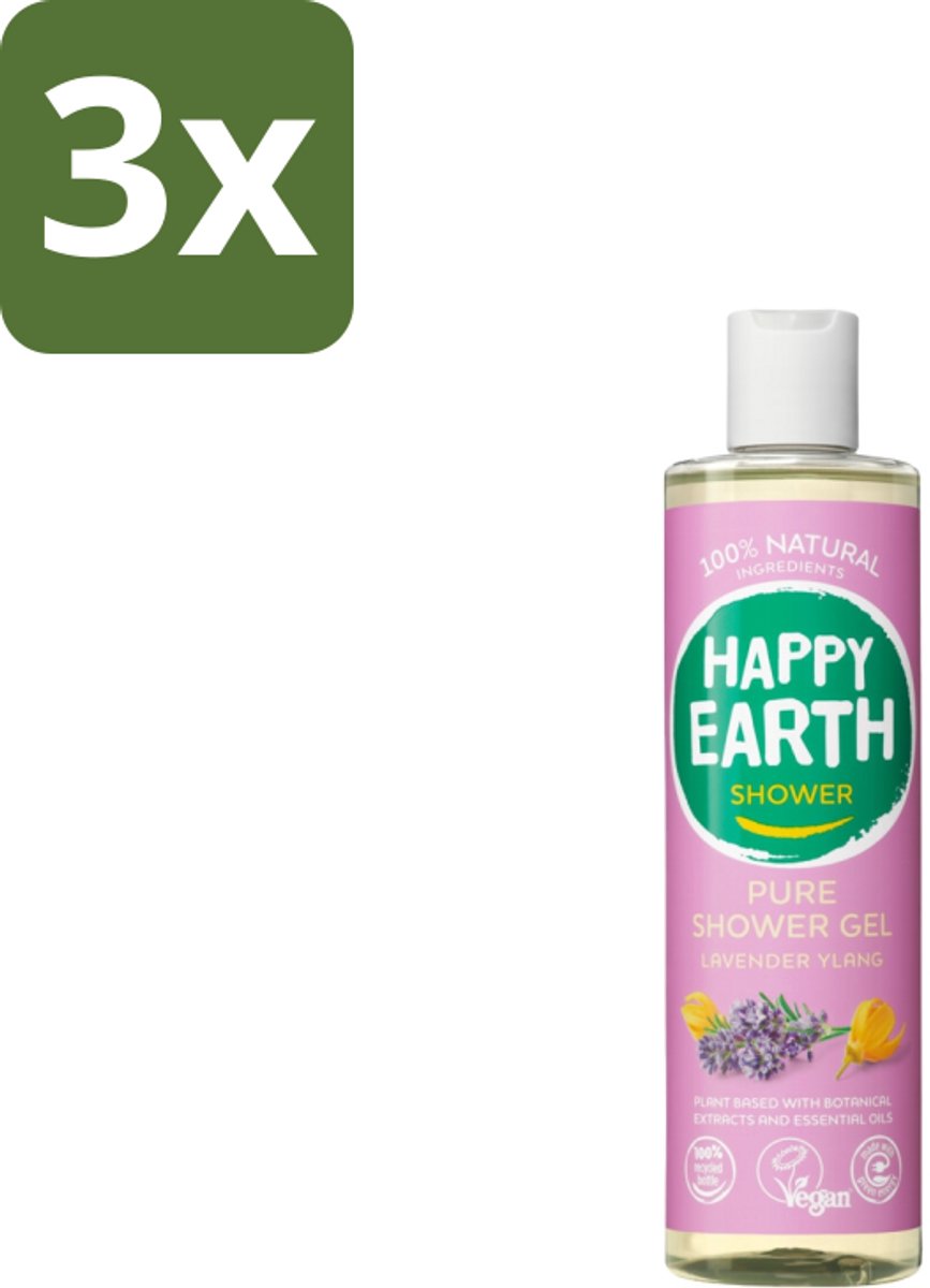 3 x Happy Earth – Douchegel – 100% Natuurlijk Lavender Ylang – 300 ml - Douchegel - Natuurlijke Douchegel - Lavendel Ylang - 100% Natuurlijk - Vegan Douchegel
