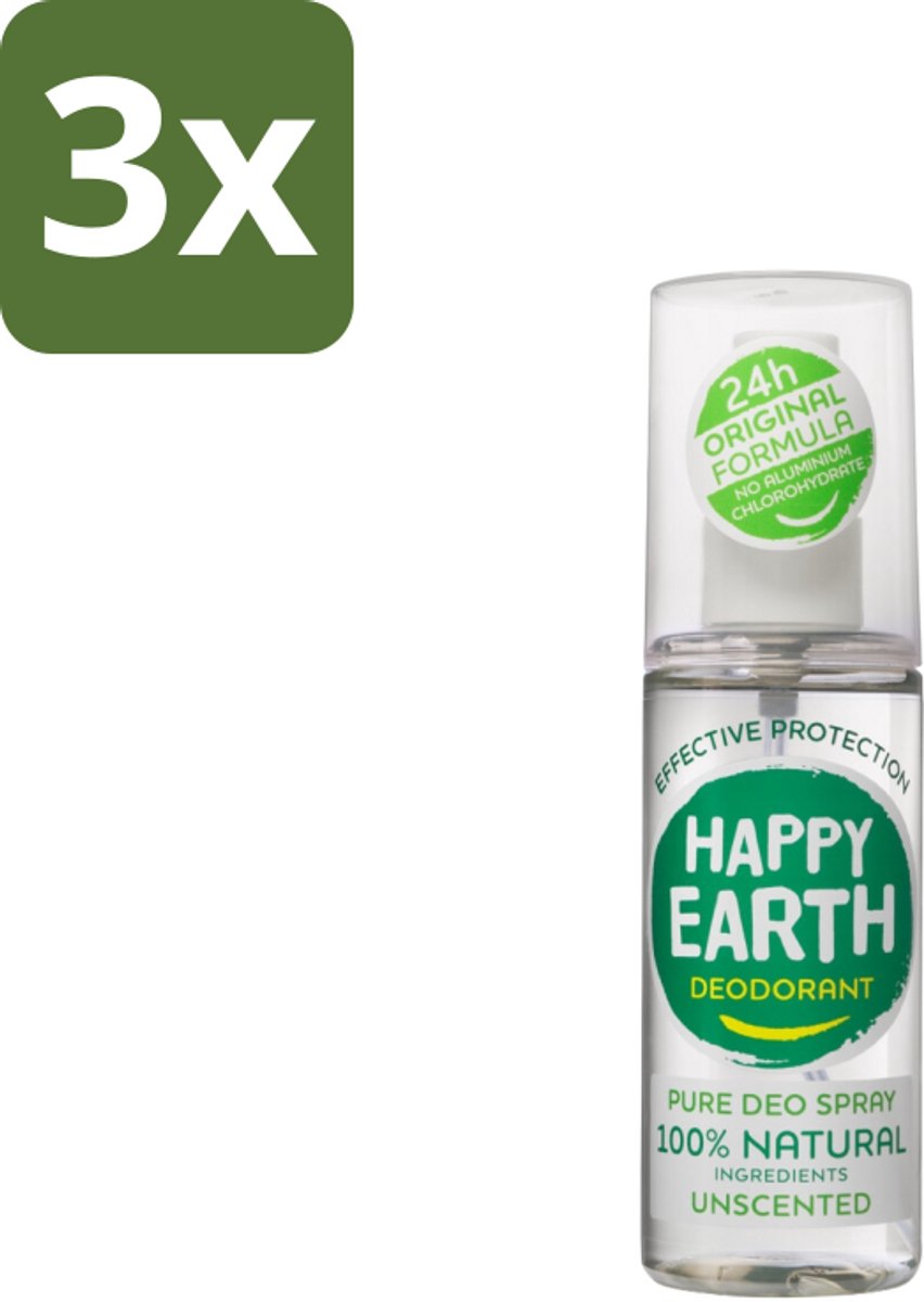 3 x Happy Earth – Deodorant Spray – 100% Natuurlijk Unscented – 100 ml - 100% Natuurlijk - Geurloos - Hypoallergene Deodorant - Natuurlijke Mineralen - Biologische Aloë Vera