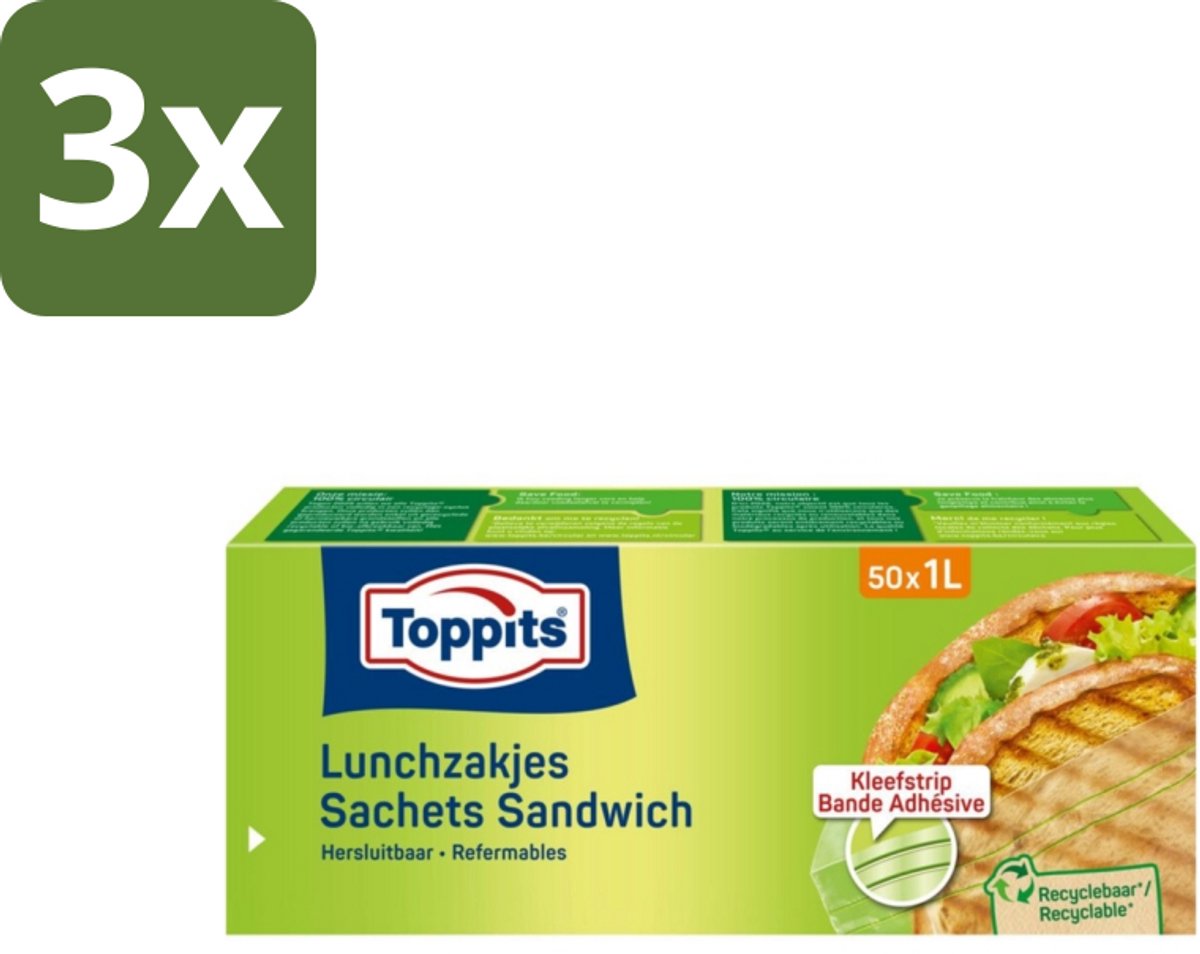 3 x Toppits – Lunchzakjes – Hersluitbaar – 1 Liter – 50 Zakjes - Koffiezetapparaat