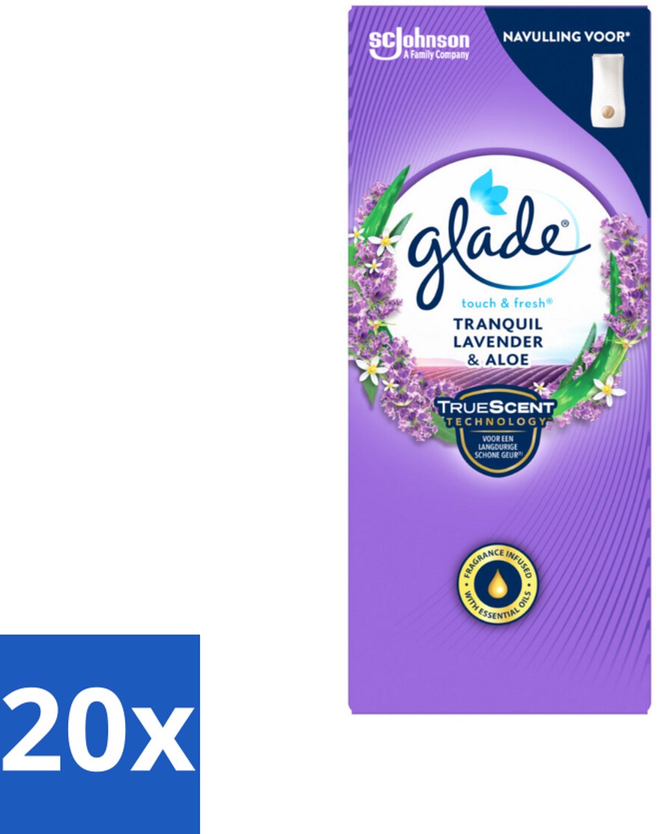 20 x Glade – Touch & Fresh Navulling – Tranquil Lavender & Aloe – 10 ml - Lavendel En Aloë Luchtverfrisser - Touch & Fresh Navulling - Glade Tranquil Lavender & Aloe - Rustgevende Geur - Compacte Geurboost