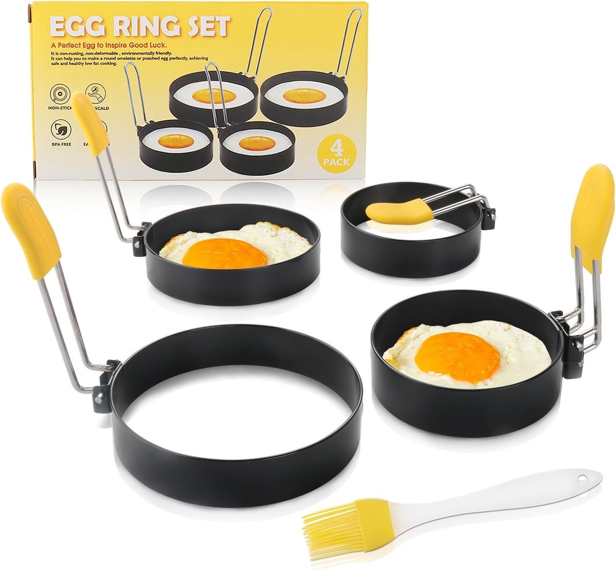 Set van 4 RVS Eierenringen met Siliconen Handvat - Anti-aanbak Pannenkoek Ringen en Oliekwast voor Perfecte Omeletten en Sandwiches (7.5 cm)