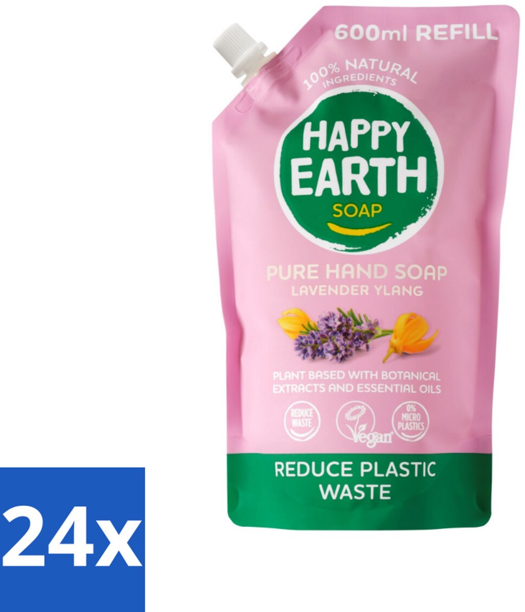24 x Happy Earth – Handzeep Navulling – 100% Natuurlijk Lavender Ylang – 600 ml - Natuurlijke Handzeep - Navulverpakking - Lavendel - Ylang - Vegan Handzeep
