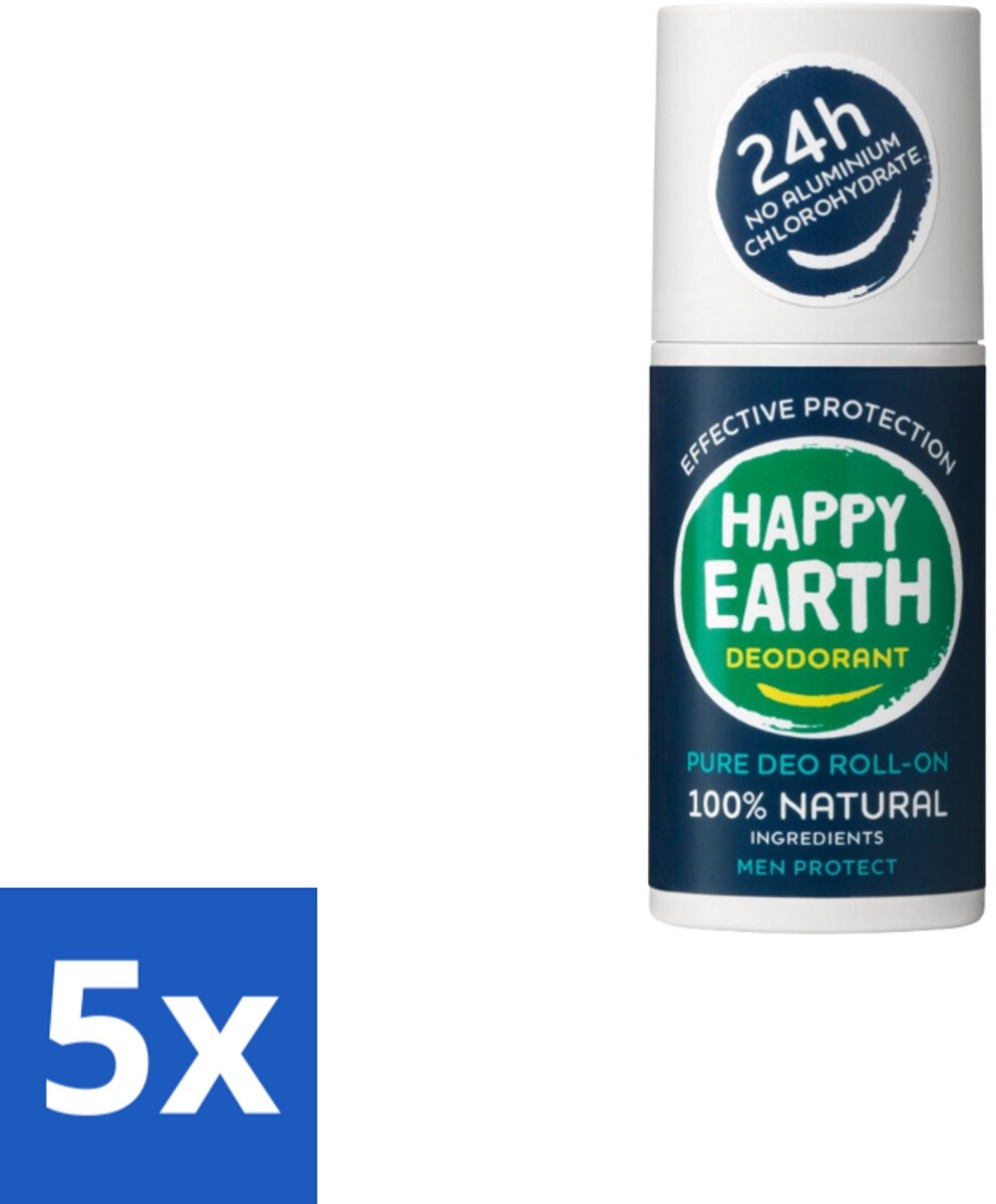 5 x Happy Earth – Deodorant Roll-On – 100% Natuurlijk Men Protect – 75 ml - Natuurlijke Deodorant - Mannen Deodorant - Roll-on Deodorant - Geurbeheersing - Huidvriendelijk Deodorant