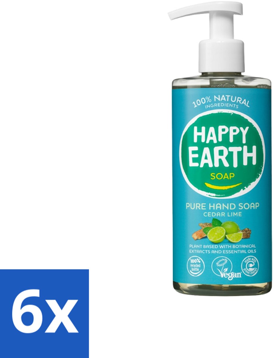 6 x Happy Earth – Handzeep – 100% Natuurlijk Cedar Lime – 300 ml - Natuurlijke Handzeep - Vegan Handzeep - Ceder En Limoen - Handzeep Met Essentiële Oliën - Antibacteriële Handzeep
