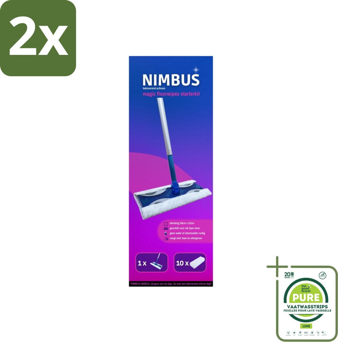 NIMBUS Magic Vloerdoek Starterkit 1 Dweil + 10 Droge Vloerdoekjes 1 set - Voordeelverpakking - 2 stuks - Vloerwisser - Droge schoonmaakdoekjes