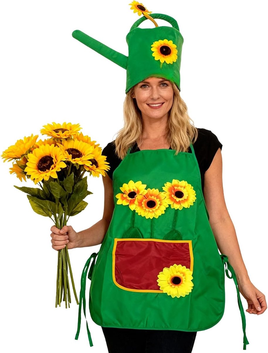 Carnaval Tuinier Kostuum voor Volwassenen met Zonnebloem Haarband en Gieter Hoed, Perfect voor Themafeesten en Carnaval Activiteiten