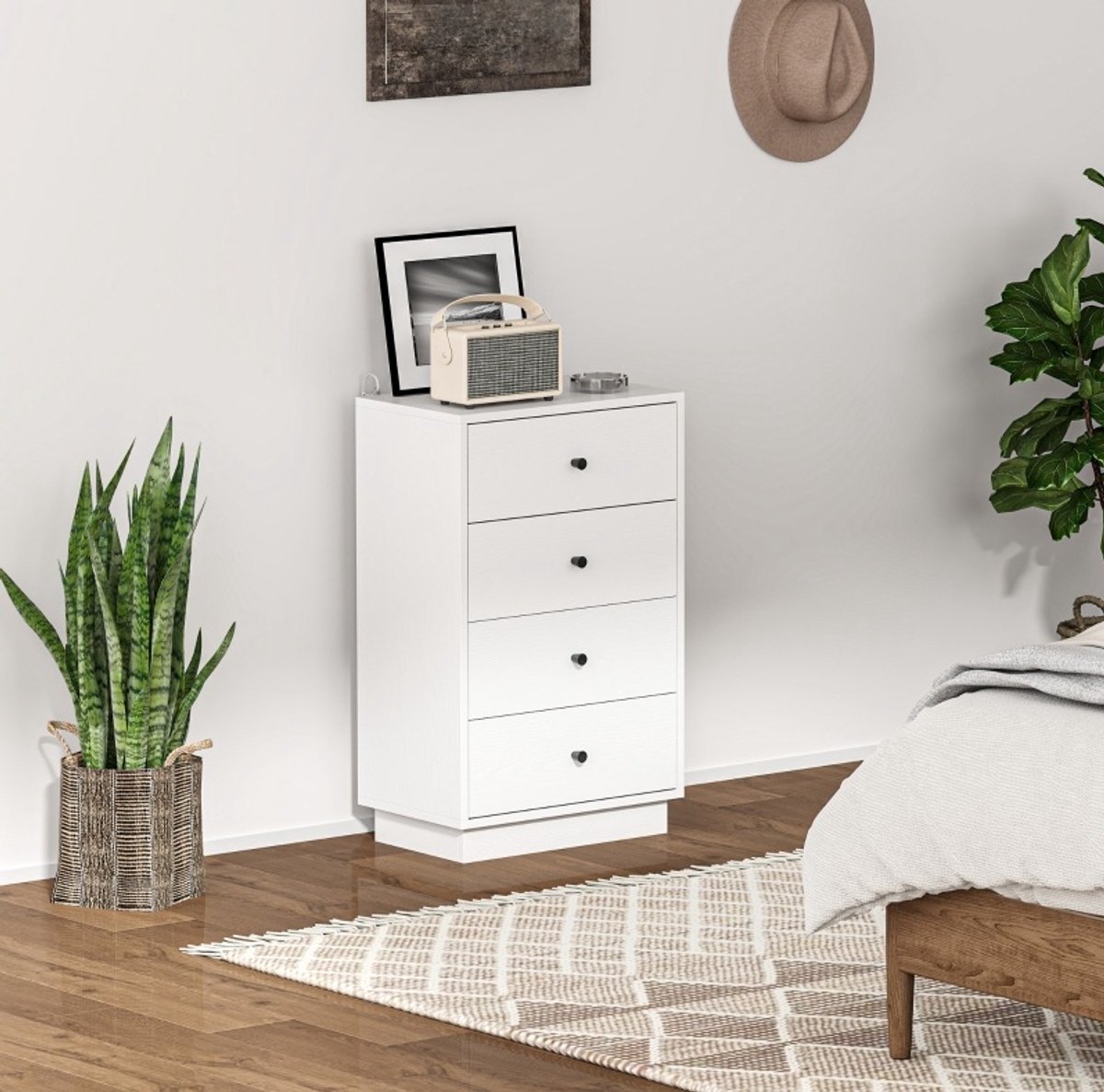 OKWISH Dressoir - Ladekast Met 4 Lades - 47 x 29 x 75 cm - Opbergruimte Voor Woonkamer Slaapkamer en Hal - Spaanplaat Wit