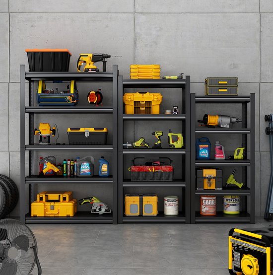 Wishdor Metalen opbergrek - 5 niveaus - 650 kg draagvermogen - Verstelbaar en deelbaar tot 2 werkbanken - Industrieel - Garage magazijn werkplaats - Staal - Zwart - 160 x 80 x 40 cm — afbeelding 3