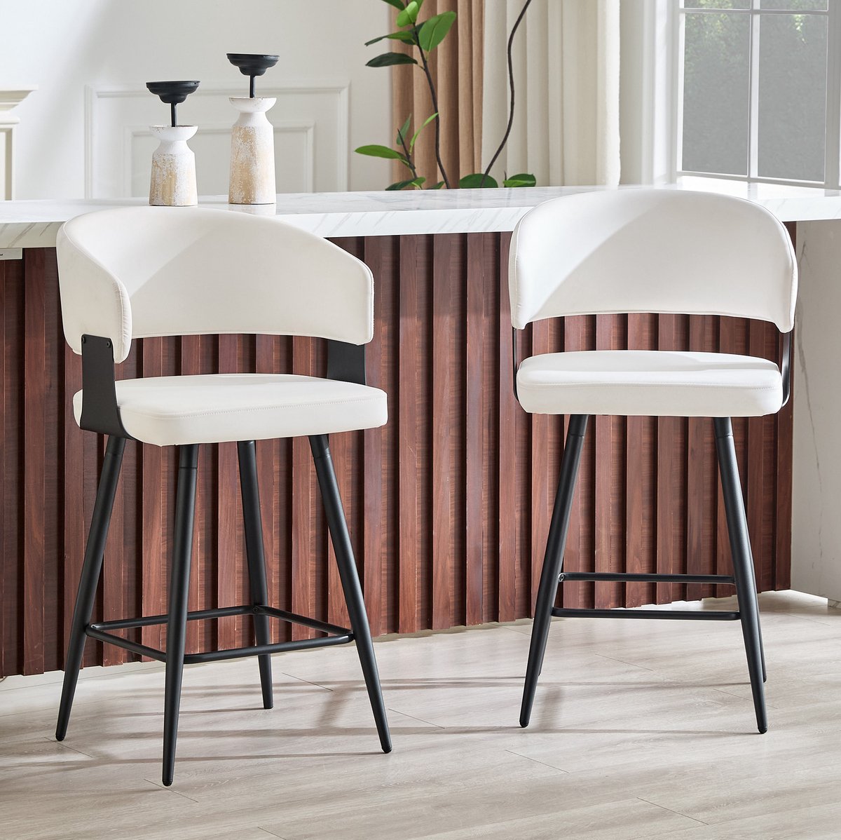 DESMIU Barkruk Set Van 2 - Met Rugleuning En Voetsteun - Voor Keuken, Eiland En Bar - Kunstleer - Wit