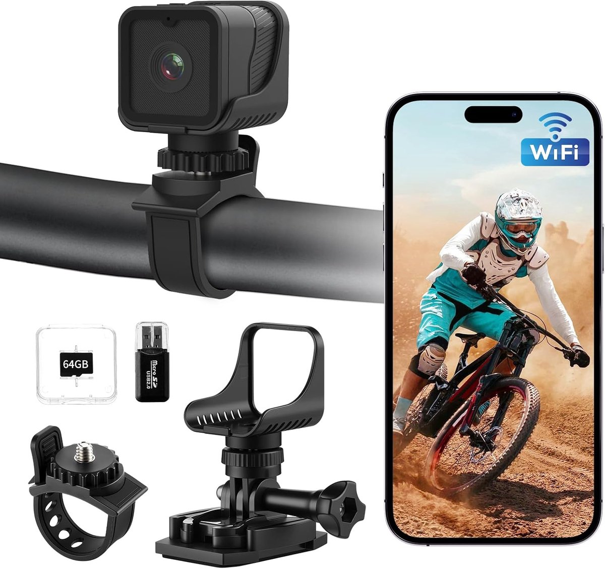 Dashcam Motorcamera, wifi, verbeterd, waterdicht IP66, 1080PHD & 120° groothoek, sportcamera, automatische nivellering van motorhelmen, en 64 GB geheugenkaart