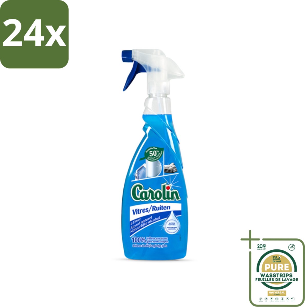 Carolin - Glas- en Ruitenreiniger - Met Natuurlijke Alcohol - 650 ml - Voordeelverpakking - 24 stuks - Streeploos - Natuurlijke reiniger