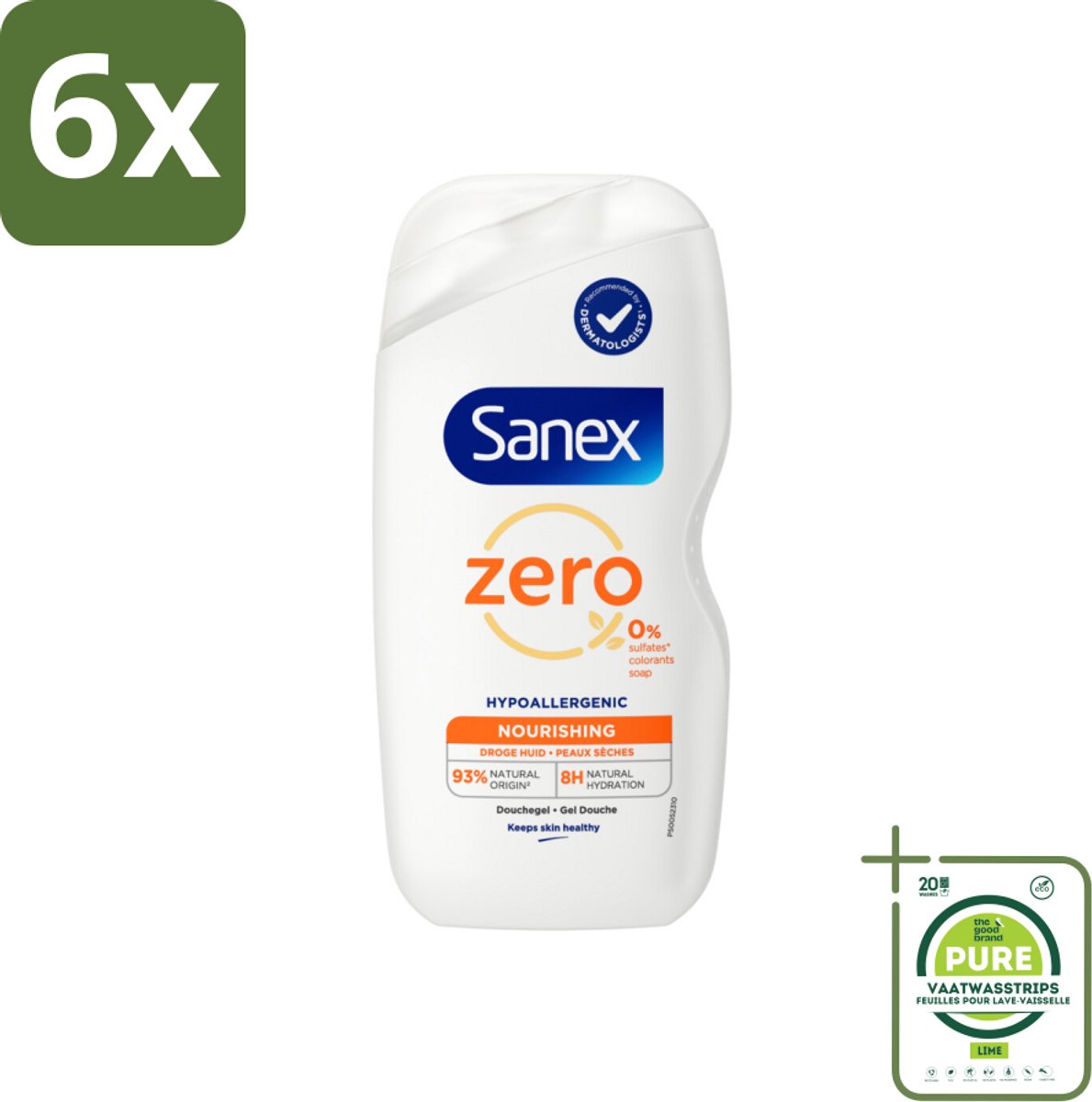 Sanex Zero% - Douchegel - Verzorgend - Natuurlijke Ingrediënten - Droge Huid - 400 ml - Voordeelverpakking - 6 stuks - Douchegel - Sanex
