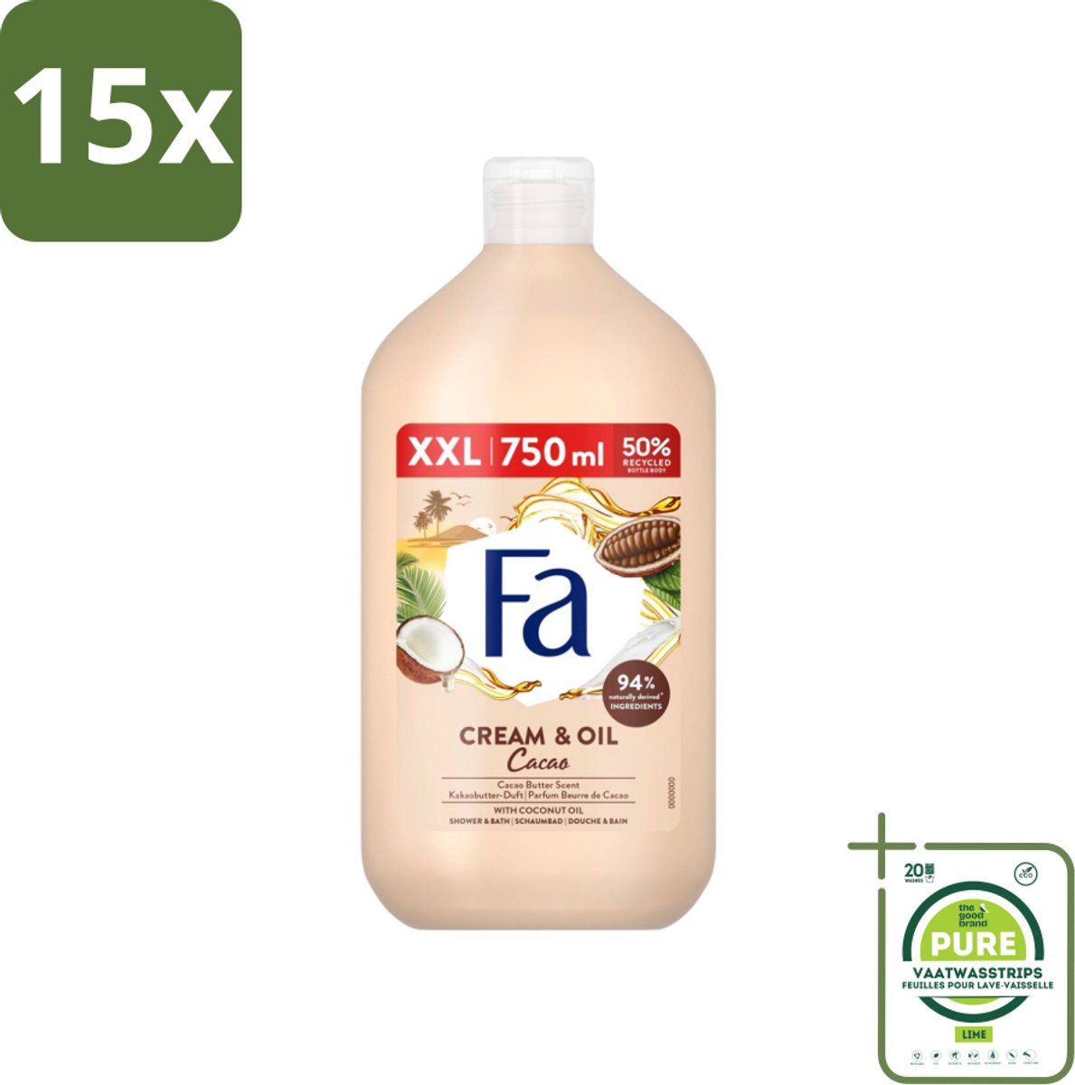 15 x Fa - Cream & Oil Cacao - Bad- & Douchegel - Cacaoboter Met Kokosolie - 750 ml - Grootverpakking - Badgel - Douchegel - Cacaoboter - Kokosolie - Verzorging