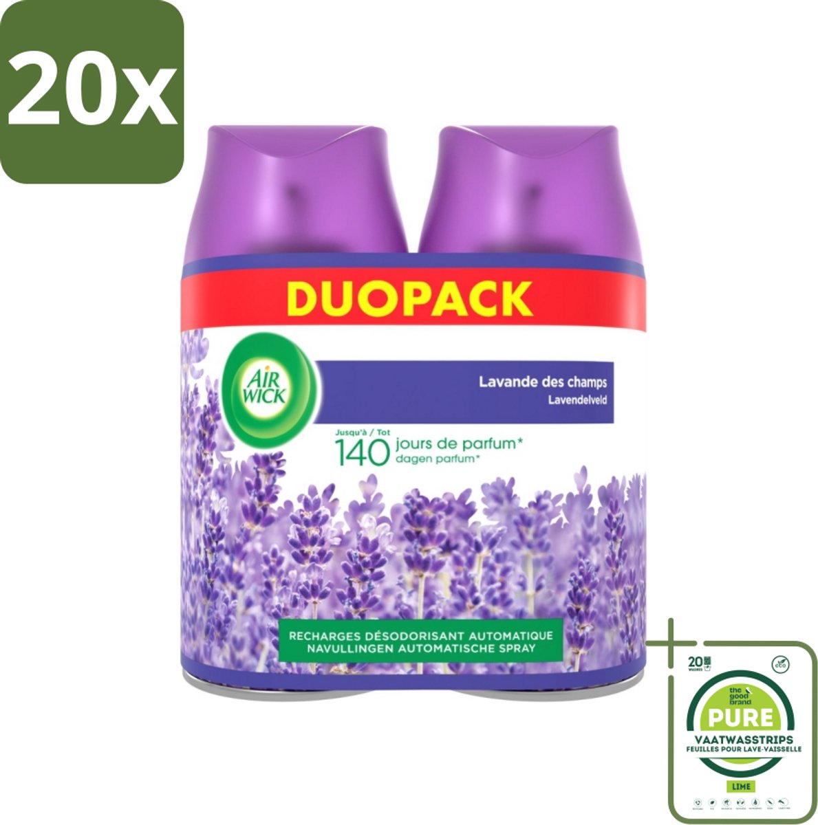 20 x Air Wick Freshmatic - Luchtverfrisser Navulling - Pure Fresh Lavendel - Bundel - 2x250ml - Grootverpakking - Luchtverfrisser - Lavendelgeur - Air Wick Freshmatic - Geurverspreider - Geurnavulling