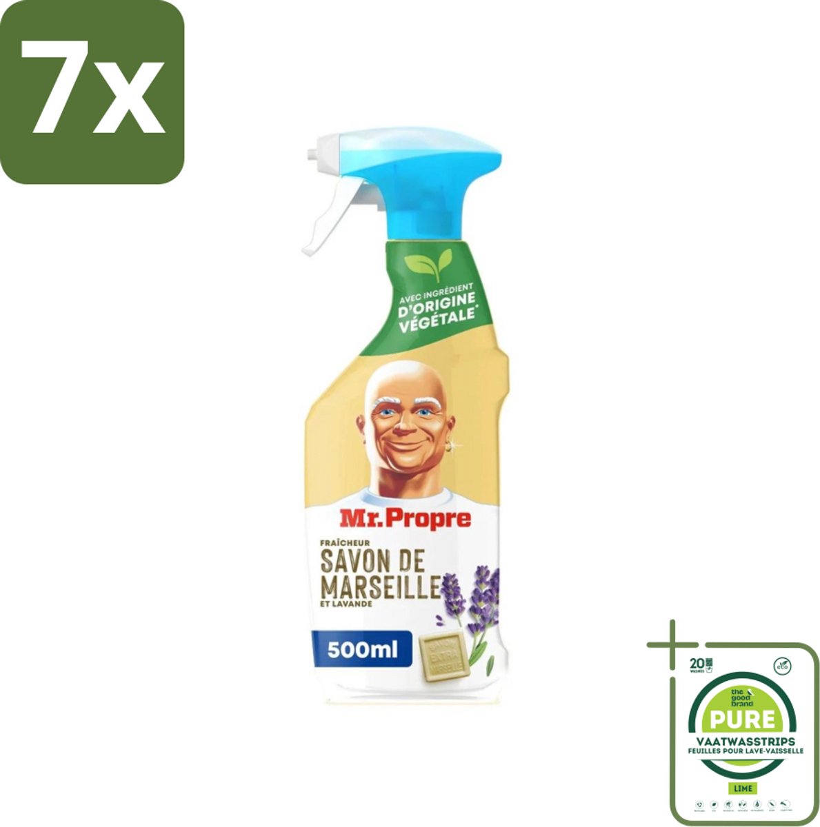 7 x Mr. Proper - Allesreiniger Spray - Marseille zeep en Lavendel - Natuurlijke ingrediënten - 500 ml - Grootverpakking - Allesreiniger - Schoonmaakspray - Marseille Zeep - Lavendelgeur - Keukenreiniger
