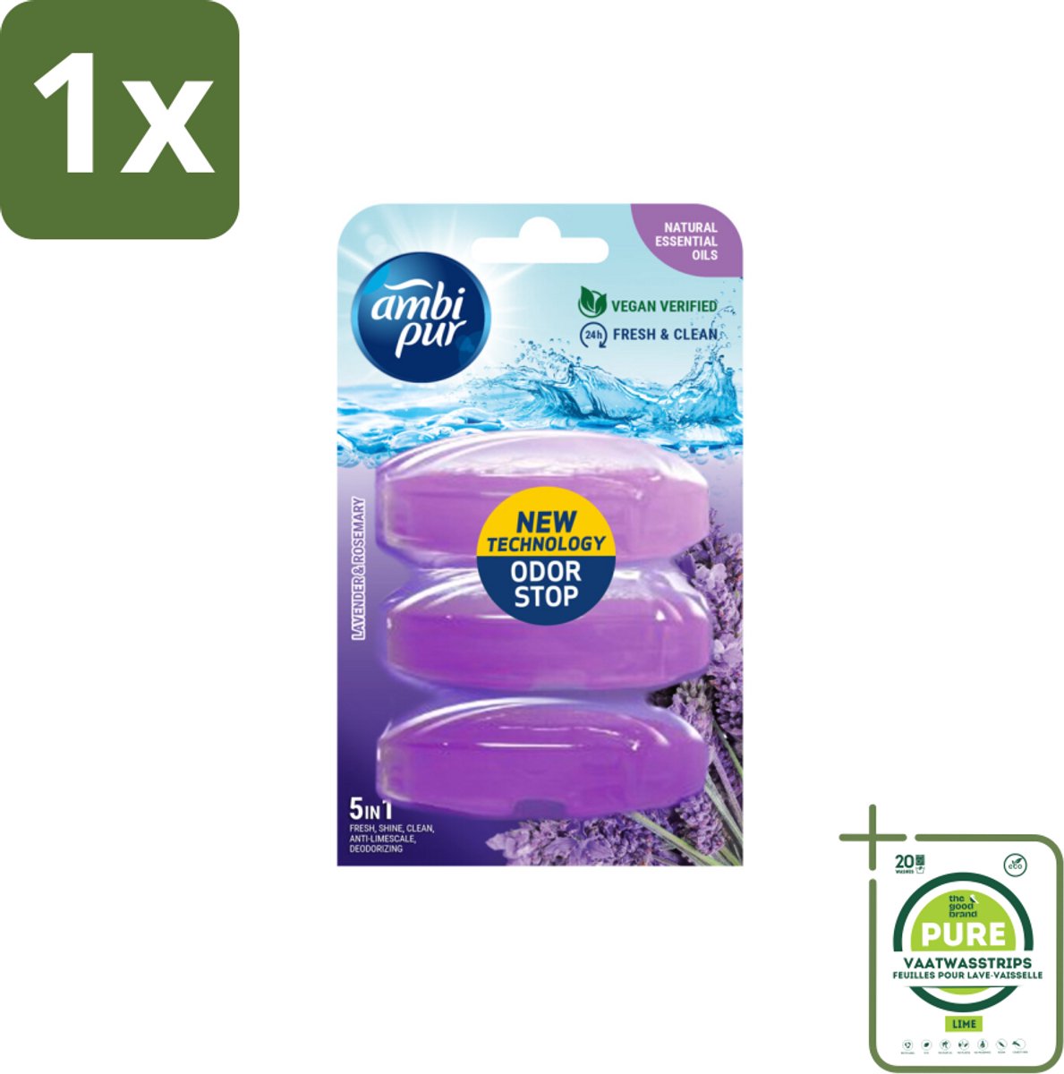 1 x Ambi Pur Toiletblok Navulling Lavendel & Rozemarijn 3 stuks per verpakking - Toiletblok - Toiletvulling - Lavendelgeur - Rozemarijn - Frisse Geur