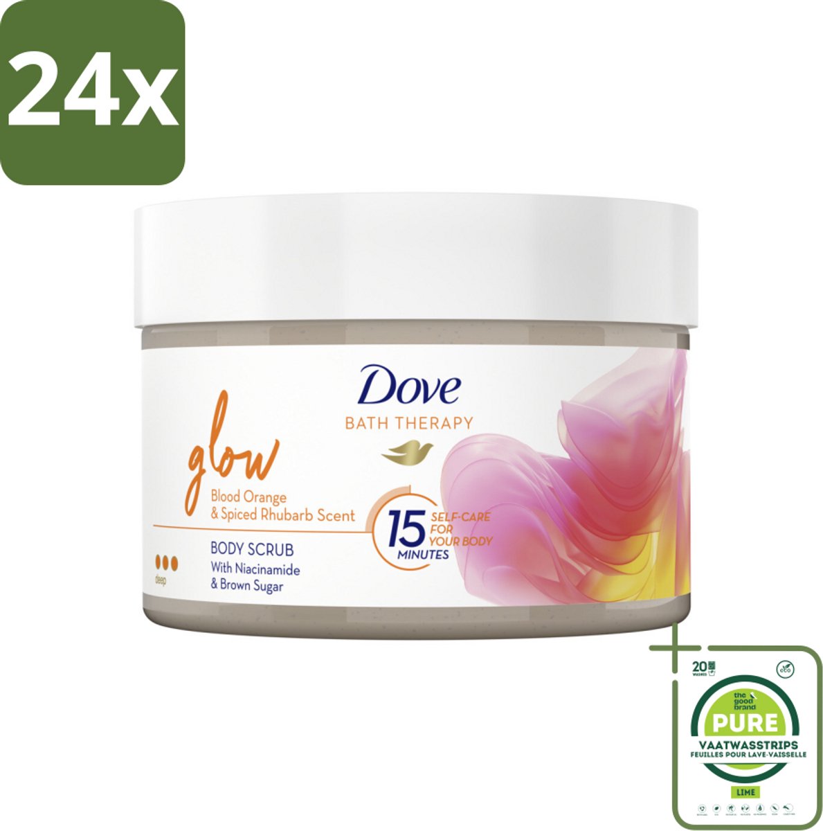 Dove Bath Therapy Glow - Bodyscrub - Bloedsinaasappel & Rabarber - 295 ml - Voordeelverpakking - 24 stuks - Huidverzorging - Body scrub