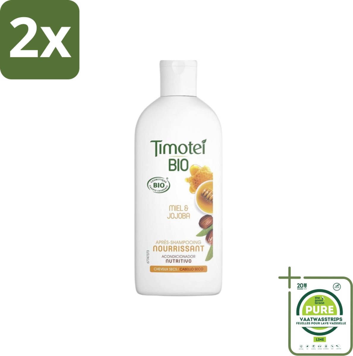 Timotei - Crèmespoeling - Honing & Jojoba - Biologisch - Droog Haar & Droge Hoofdhuid - 250 ml - Voordeelverpakking - 2 stuks - Biologische shampoo - Haarverzorging droog haar