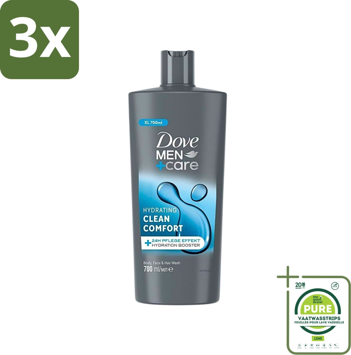 3 x Dove Men+Care - Clean Comfort - 3-in-1 Douchegel - Hydraterend- 700 ml - Grootverpakking - Douchegel - Mannen - Verzorging - 3-in-1 - Hydraterend