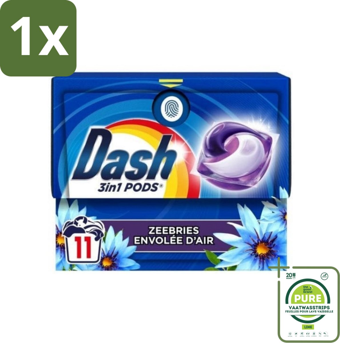 1 x Dash - Wasmiddel Capsules - 3-in-1 Pods - Witte en Gekleurde Was - Zeebries - 11 Wasbeurten - Wasmiddel Capsules - 3-in-1 Pods - Waspoeder - Wasverzachter - Zeebries Geur