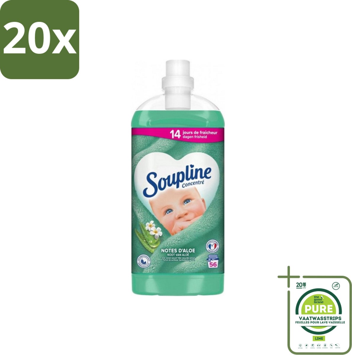 20 x Soupline - Wasverzachter - Aloë Vera - 56 Wasbeurten - 1.3L - Grootverpakking - Wasverzachter - Aloë Vera - Frisheid - Zachtheid - Wasgoed