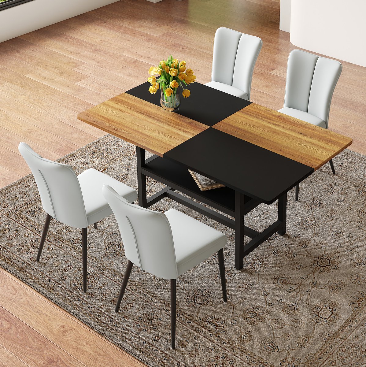 Wishdor Set tafel en stoelen - 160 cm rechthoekige eettafel met opbergplank - 4 stoelen - Modern design - MDF en metaal - Bruin, zwart en lichtgrijs - 160 x 90 x 76 cm