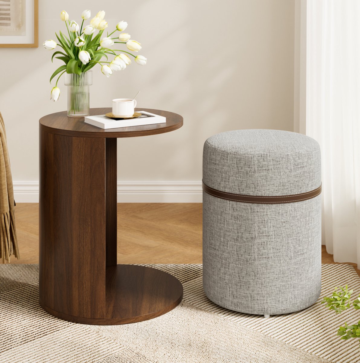COVREO Bijzettafel 38 x 38 x 47,5 cm walnoot MDF, set met hocker en opbergruimte