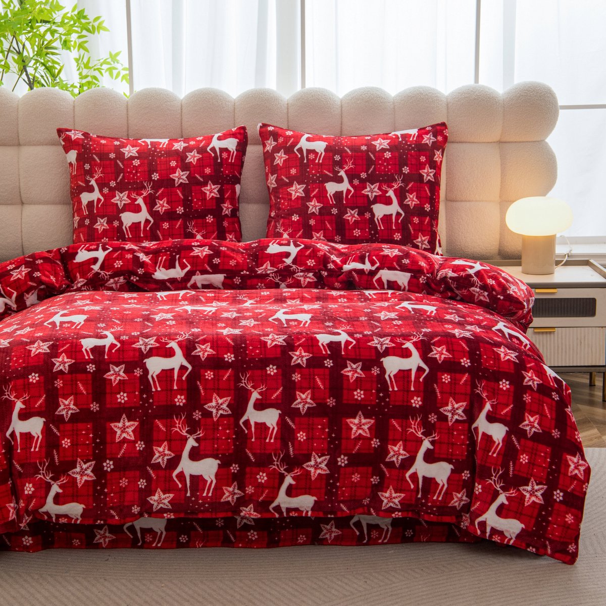 Kerst Dekbedovertrek 140x200 Pluche Rendier Rood