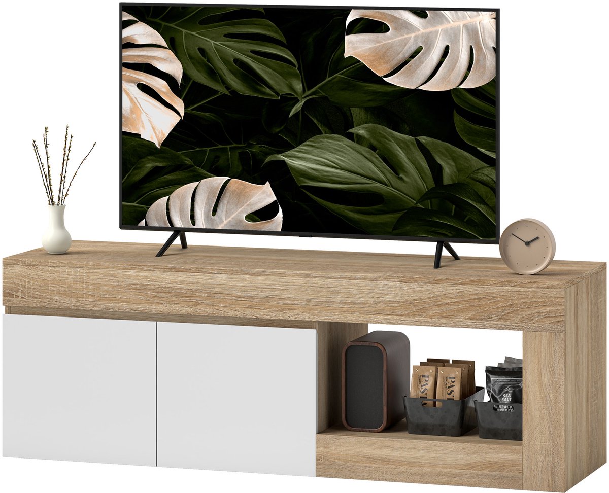 ECTEATOY® TV-Meubel voor Woonkamer - TV Kast tot 60 Inch - met 2 Deuren en Open Plank - 140x40x48 cm - Hout